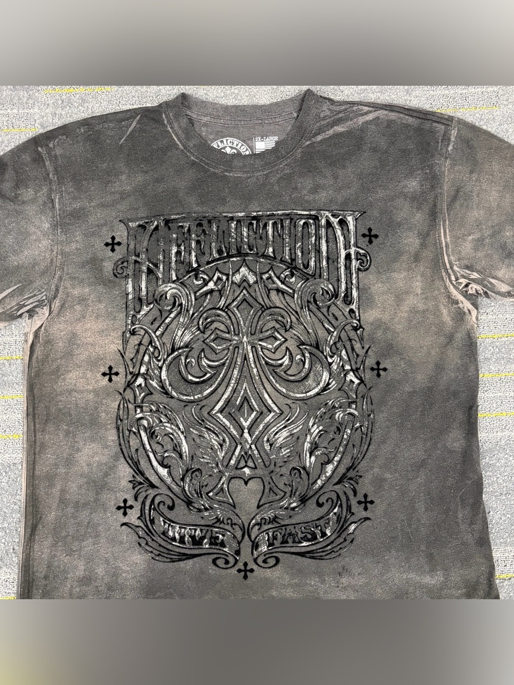 Affliction Shirt Mens 2XL Black Acid Wash Shield MMA USA Grunge Biker Live Fast